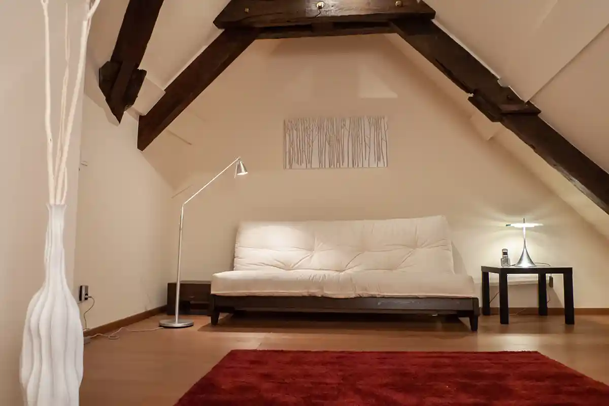 Canapé futon dans une pièce sobre avec un tapis rouge