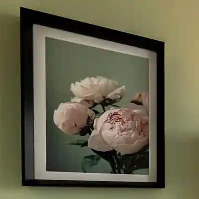 Photo de roses encadrée, au-dessus du bureau